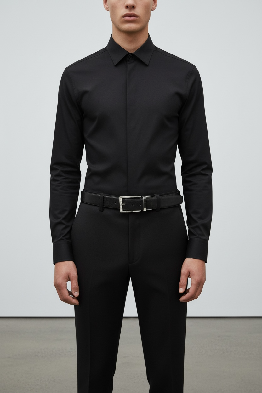 Executive Black Leather with Polished Silver Buckle (Belt)